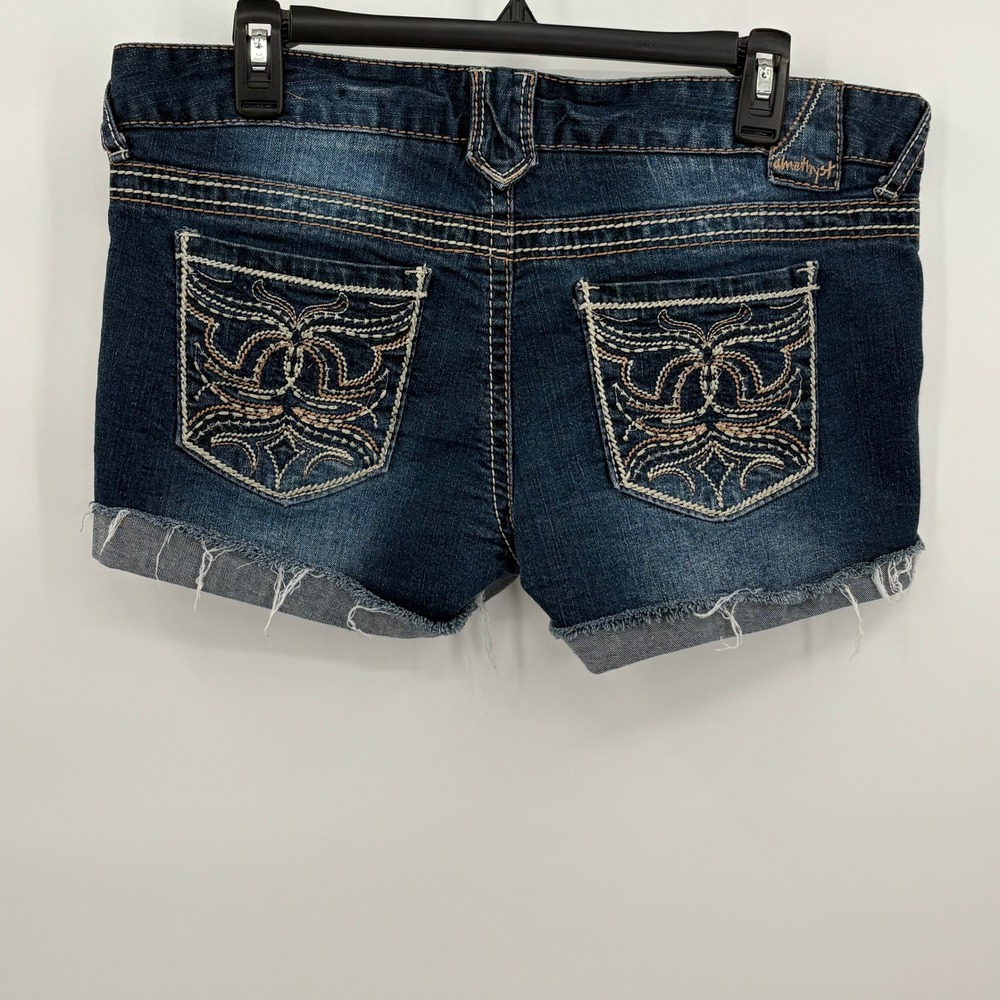 Amethyst Aggie Dark Wash Embellished Denim Shorts Size 11 Rhinestone Cutoff Y2K